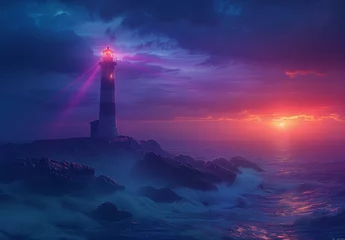 Rolgordijnen A lighthouse shoots a strange rainbow across a stormy sea with its smooth, revolving light. © zetrum