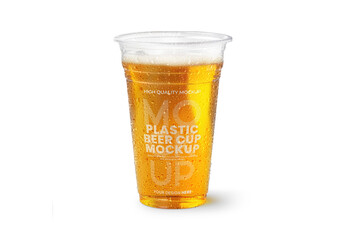 Beer Plastic Cup with Water Drops Mockup - obrazy, fototapety, plakaty