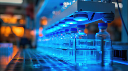 Fototapeta premium Modern Pharmaceutical Production Line with Blue Technology Lighting