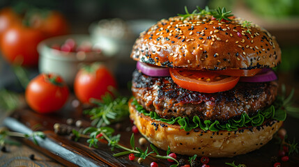A mouth-watering artisanal burger boasting a seasoned patty, vibrant lettuce, ripe tomato, and...