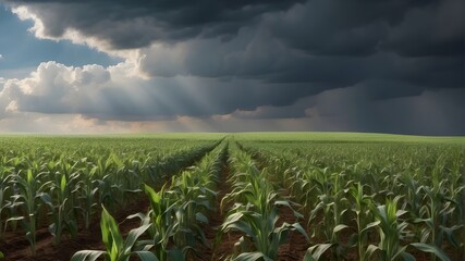 Fototapeta na wymiar A photorealistic depiction of a field of corn with young corn plants, set against a backdrop of very cloudy weather, indicating probable rain. The image captures the details of the corn plants, the cl