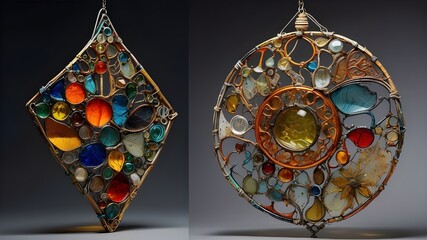  A photorealistic depiction of a recycled sun catcher, showcasing intricate details and the reflective properties of recycled materials used in its construction. The image should highlight the colors, - obrazy, fototapety, plakaty