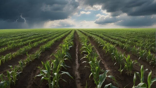 A photorealistic depiction of a field of corn with young corn plants, set against a backdrop of very cloudy weather, indicating probable rain. The image captures the details of the corn plants, the cl