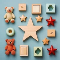 Colorful Assortment of Children's Wooden Toys and Plush Bears