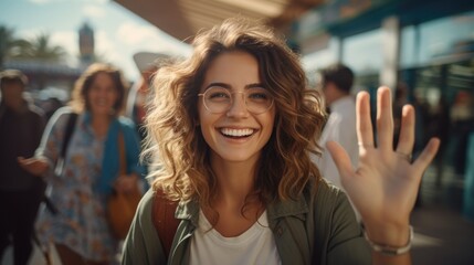 Joyful Young Woman Waving Hand with Friends in Sunny Urban Setting