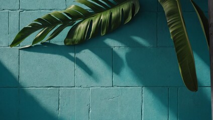 Banana leaf shadow on painted turquoise concrete background - D Rendering.