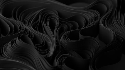 Black layers of cloth or paper warping. Abstract fabric twist. 3d render illustration