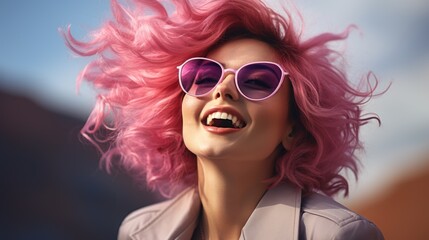 Radiant Young Woman with Vivid Pink Hair and Stylish Sunglasses Outdoors