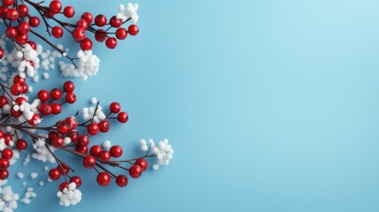 Festive Red Berries and Snowflakes on Blue Background for Holiday Design