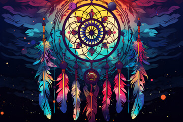 Dream catcher with red feathers and a compass on a colorful background - obrazy, fototapety, plakaty