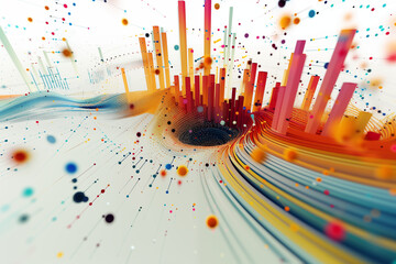 Data swirling into a black hole with bar charts and buildings - obrazy, fototapety, plakaty