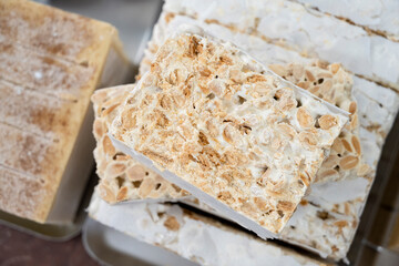 Artisan almond nougat. Typical Spanish sweet, made with honey and almonds