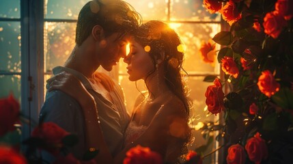 Romantic Couple Embracing in Sunset Light with Roses