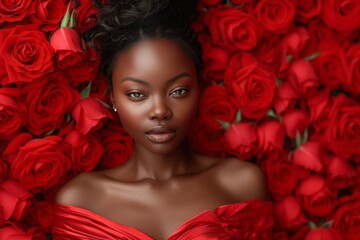 Afro-american poised young woman with updo hair is framed by a lush surround of deep red roses, creating a striking contrast, symbolizing celebration Valentine's Day
