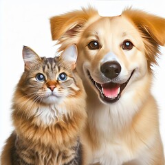 Portrait of Happy dog and cat that looking at the camera together isolated on a white background