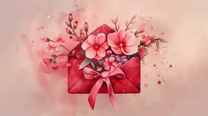 Charming Watercolor Floral Illustration in Crimson Envelope