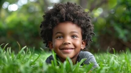 A little boy with a cheerful afro hairstyle laughs and relaxes. Experience the joy of childhood and weekend vibes.