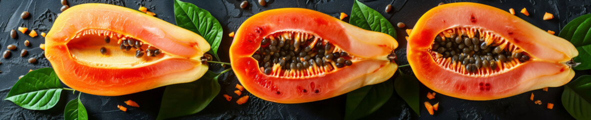 Slice of tropical bliss vibrant papaya with blueberry companions on a dark backdrop - obrazy, fototapety, plakaty