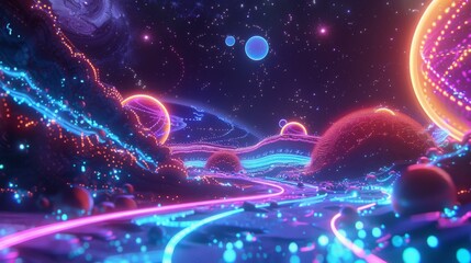 A futuristic neon fractal wallpaper that combines elements of technology and space exploration, with pulsating waves of light and vibrant colors that create a sense of movement and dynamism