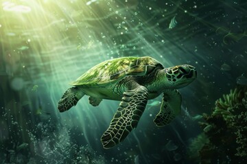 Green Sea Turtle Swimming in the Ocean