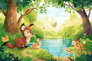 Illustration of a cartoon children's fairy tale about animals. Young forest critters playing by a pond, surrounded by the vibrant life and colors of the woods