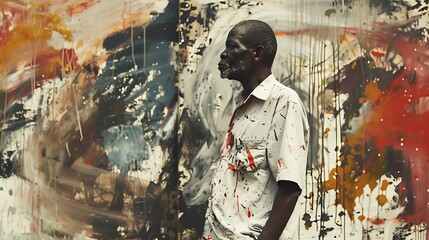 A man stands in front of a painting with splatters of paint on his shirt