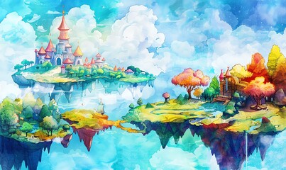 Design a colorful watercolor painting of a whimsical aerial cartography scene, featuring fantasy elements like floating islands, magical forests, and charming villages with vibrant hues - obrazy, fototapety, plakaty
