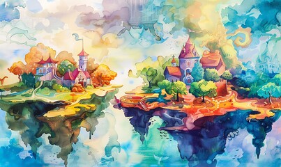 Obraz na płótnie Canvas Design a colorful watercolor painting of a whimsical aerial cartography scene, featuring fantasy elements like floating islands, magical forests, and charming villages with vibrant hues