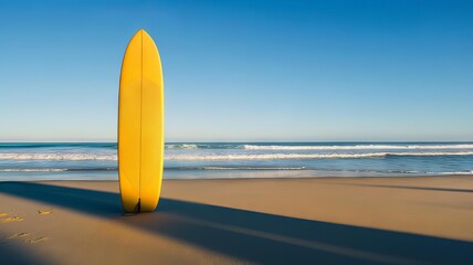 Horizontal AI illustration solitary yellow surfboard on serene beach. Hobbies and entertainment.