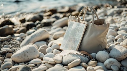 Horizontal AI illustration tranquil beachside scene with elegant tote bag and book. Lifestyle.