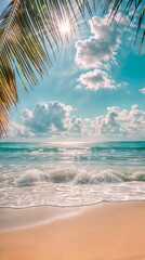 Vertical AI illustration tropical paradise with sunlit palm and serene ocean. Landscape concept.
