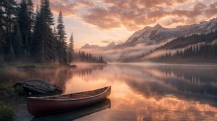Horizontal AI illustration serene dawn at a misty mountain lake with canoe. Landscape concept.