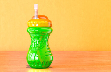 No-Spill Sippy Cup with Flex Straw for kids on the wooden table, 3D rendering