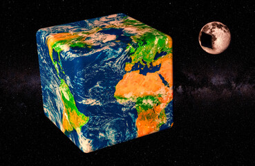 Cube Earth and Moon in the space, 3D rendering