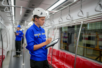 Apprentices engineer checking inside the skytrain at railway engineering facility.