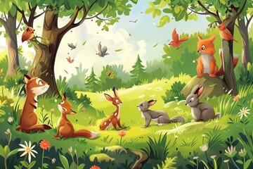 Illustration of a cartoon children's fairy tale about animals. Animated forest scene with playful foxes and birds, ideal for a children's story