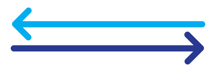 Horizontal dual long straight arrow signs. Blue pointer, direction, position symbol and double arrow icon isolated on white background. Long two side arrow pointing vector.