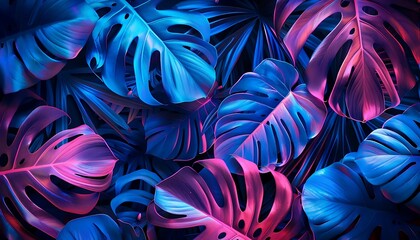A colorful background of leaves with a blue and pink hue - obrazy, fototapety, plakaty