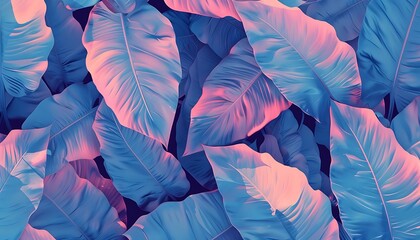A colorful background of leaves with a blue and pink hue