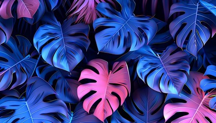 A colorful background of leaves with a blue and pink hue - obrazy, fototapety, plakaty
