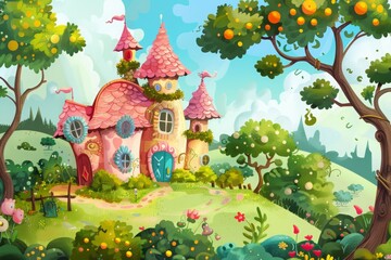 Illustration of a cartoon children's fairy tale. Enchanting pink fairytale cottages nestled in a vibrant orchard, a whimsical setting for a children's fantasy story - obrazy, fototapety, plakaty