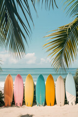 Surboards in different colors on the tropical beach with white sand and palm trees, summertime...