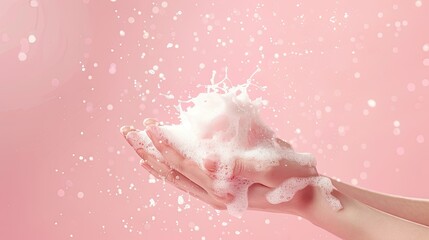 Fototapeta premium Adorn your hands with silky white foam against a pink backdrop. Embrace beauty and wellness with our luxurious skincare