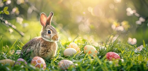 Easter background with easter bunny and colorful eggs on green grass, copy space. Created with Ai technology.