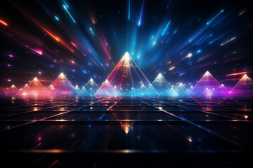 Futuristic neon light pyramids in a sci-fi landscape - obrazy, fototapety, plakaty