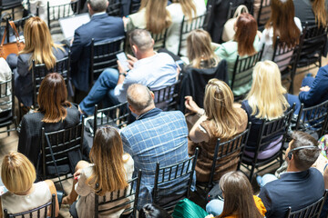 Audience at coaching event, business conference and presentation, professional training or...