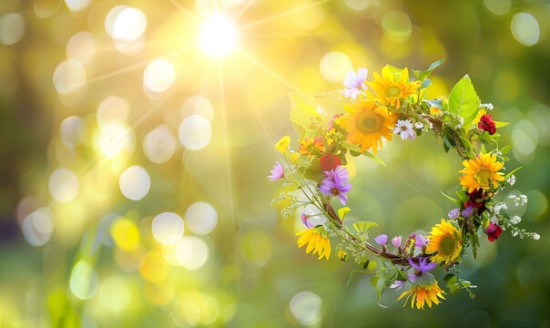 Summer Wreath of flowers on the blurred landscape with circle bokeh. Midsummer greeting card with copy space. Fortune telling on the night of Midsummer.