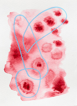 Red watercolor art with blue interlinking shapes