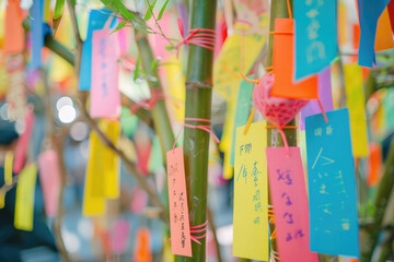 Paper wishes tied to bamboo during Tanabata
