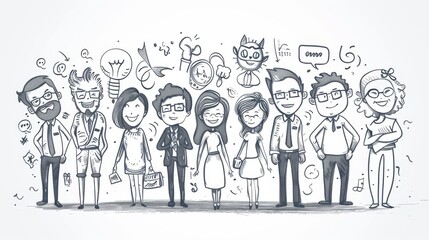 Cartoon Doodle Style Sketch Drawing of Business People and Background